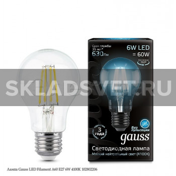 Лампа Gauss LED Filament A60 E27 6W 4100К 102802206 Лампа Gauss LED Filament A60 E27 6W 4100К 102802206